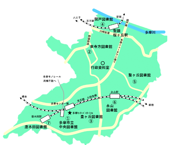 多摩市の図書館地図